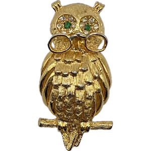 Jeanne Vintage OWL With Reading Eyeglasses Brooch Rhinestone Costume Jewelry